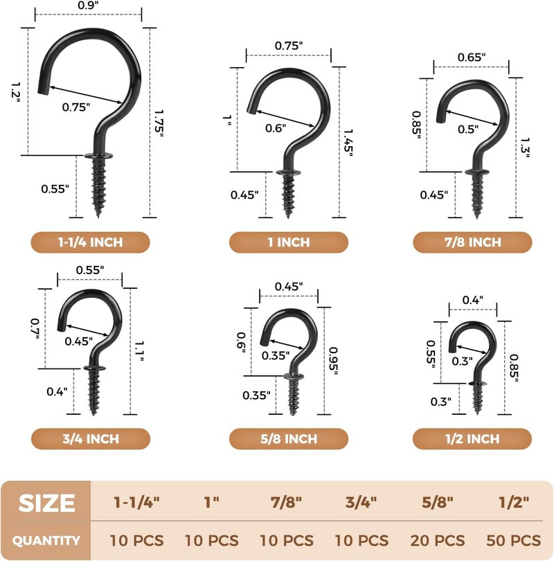 RELBRO Screw Hooks, 6 Sizes Metal Screw in Cup Hooks, 1/2 Inch, 5/8 Inch, 3/4 Inch, 7/8 Inch, 1 Inch, 1-1/4 Inch, Black, 110 Pcs - Image 3